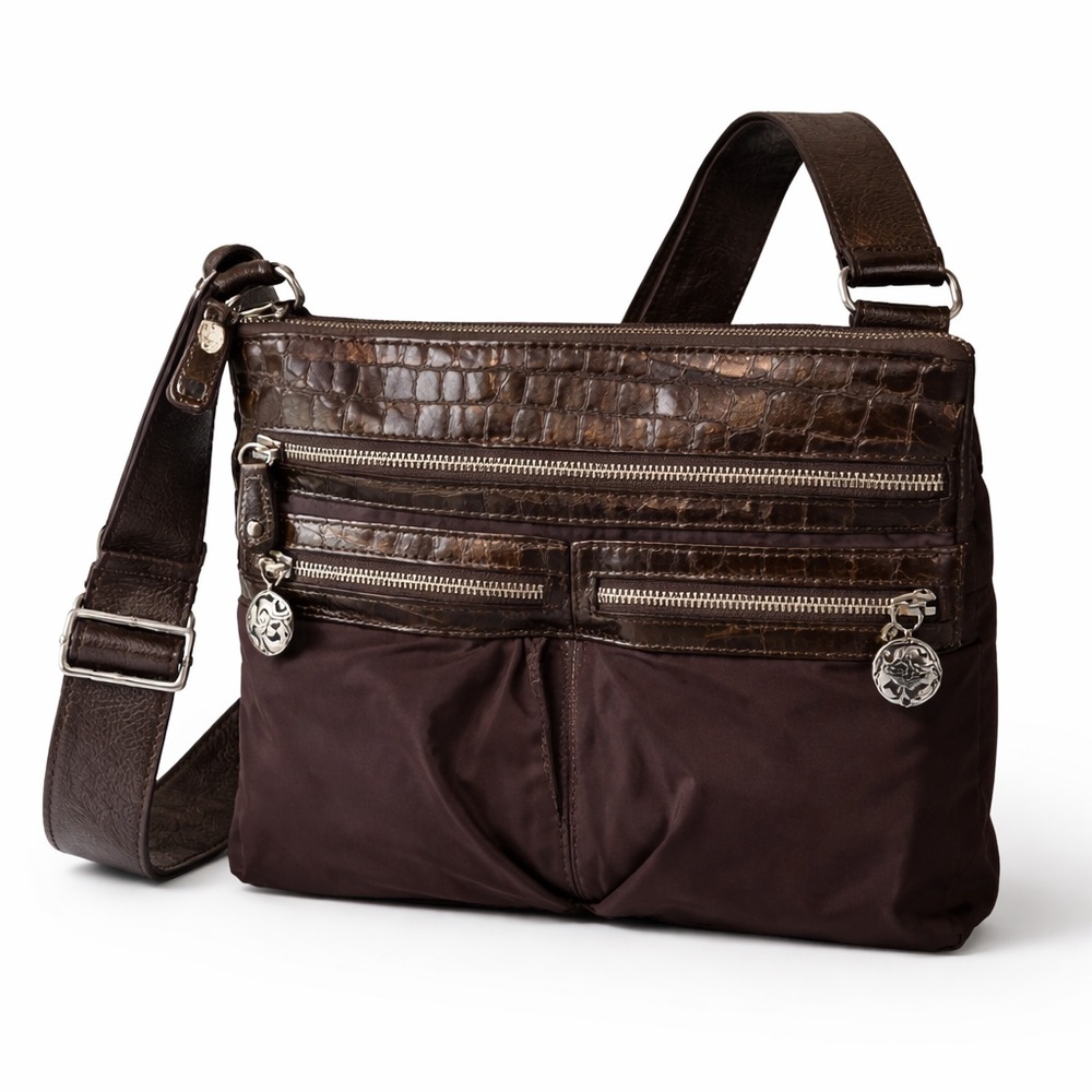 Brighton Go Go crossbody messenger bag nylon croc patent leather croc brown